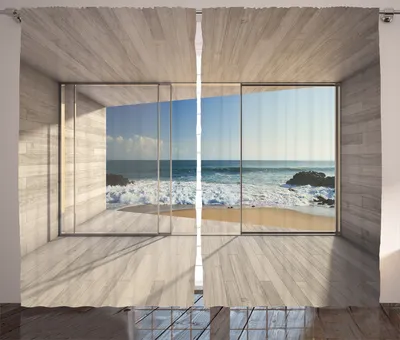 Produktbild von ABAKUHAUS Ozean Rustikaler Vorhang, Mit Blick auf Meer Wellen Rock, Wohnzimmer Universalband Gardinen mit Schlaufen und Haken, 280 x 225 cm, Beige Weiß
