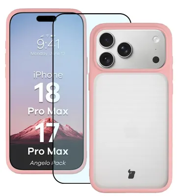 Produktbild von Schutzhülle + gehärtetem Glas für iPhone 18 Pro Max / 17 Pro Max, Bizon Angelo Pack, Semitransparent mit hellrosem Rahmen