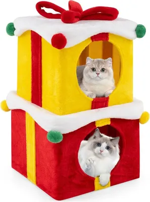 Immagine prodotto di Grotta per gatti di Natale a 2 livelli con scatole regalo impilabili con fiocco e palla Cuccia per gatti