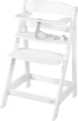 A white wooden high chair with a tray and safety straps.