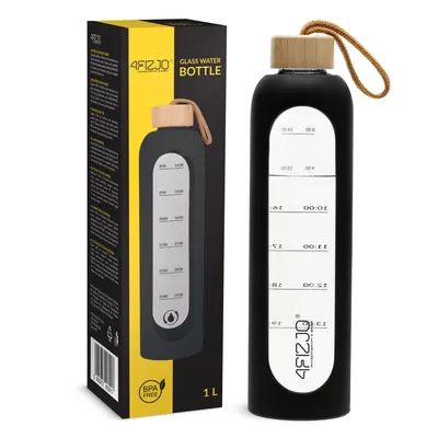 Produktbild von 4FIZJO Glas Trinkflasche 1000 ml, Sportflasche, Borosilikat, Bambusdeckel, Silikonhülle, schwarz