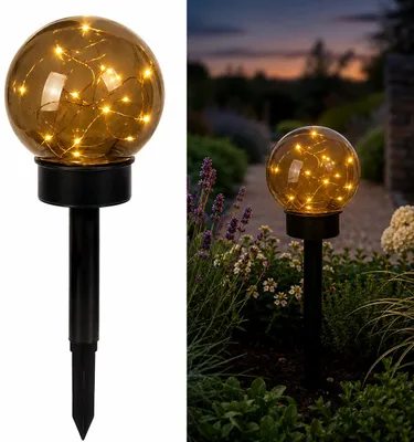 Obrázek produktu pro LUMILED Solární zahradní lampa LED, koule, kouřově šedá, 15 cm. Solární lampa, osvětlení cesty, model GLORIS, IP44. Solární koule pro zahradu, venkovní použití, osvětlovací koule, 3000K, teplá bílá, kouřová barva, s kolíkem pro zapíchnutí do země. Venkovní lampa, osvětlení cesty