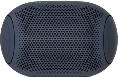 A dark blue oval-shaped portable speaker with a perforated grille.