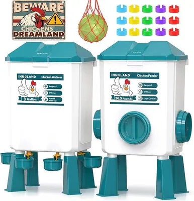 Produktbild von Futterautomat Hühner und Hühnertränke – 12 kg/11 L | Wassertränke Hühner mit 4 Bechern & 3 Futteröffnungen, Keine Verschwendung, Geflügeltränke, Hühnerzubehör für Enten/Geflügel