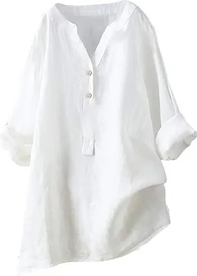 Image de ASKSA Femme Coton Lin Chemisier Unicolore Manches Longues Chemise Libre Boutons Enrouleurs Tops, Blanc, Taille : 5XL