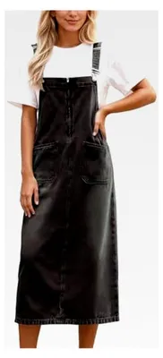 Produktbild von Damen Jeanskleid Latzkleid Midi Freizeitkleid Lässig Trägerkleid Ärmelloses Denim Kleid Einfarbig Maxikleid mit Taschen