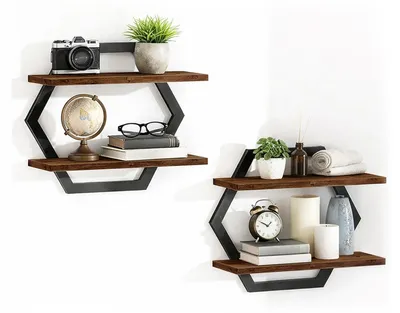Produktbild von Set von 2 Wandregalen aus Holz und Metall, Retro-Stil