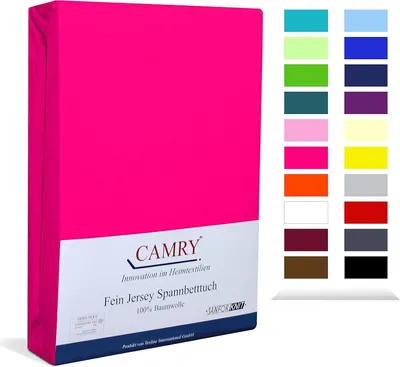 A pink fitted sheet is shown in packaging, with a swatch of other available colors to the right.
