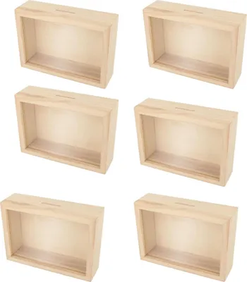 Zdjęcie produktu dla 6 skarbonek w drewnianych ramkach o wymiarach 12 x 17 cm