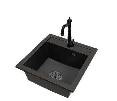 Produktbild von Granit Küchenspüle Schwarz mit RETRO Armatur und schwarzem Siphon