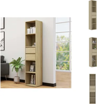 A tall, narrow bookshelf with several shelves and two drawers, placed in a room with a plant and artwork on the wall.