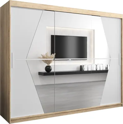 A modern wardrobe with sliding doors, featuring a built-in TV niche and decorative elements.