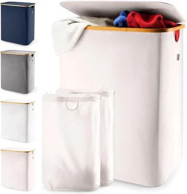 Productafbeelding van Wasmand met deksel - Kledingmand opbergmand - Kleding sorteren - Twee compartimenten - 150 Liter - Beige