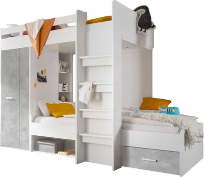 Produktbild von Etagenbett Lopes 90x200cm mit Kleiderschrank - Beton/Weiß