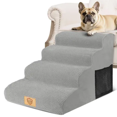 Image de Escalier pour chien, 4 marches, 50 cm de hauteur, escalier pour animaux de compagnie pour canapé ou lit, couleur grise, avec poignée de transport et poches latérales