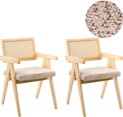 Produktbild von BELIANI Esszimmerstuhl 2er Set Hellbraun u. Taupe Holz mit Bouclé Sitzfläche Meliert Teddyfell Optik Wiener Geflecht Rückenlehne Küchenstühle Retro Stil