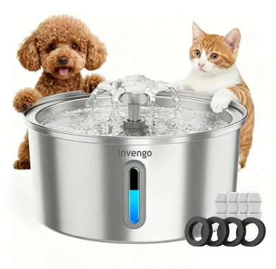 Immagine prodotto di Fontanella per animali domestici in acciaio inossidabile da 3,2 litri, con fontana a cascata, luci LED, indicatore del livello dell'acqua, sistema di filtraggio a 5 stadi, fontanella silenziosa per gatti e cani di piccola taglia