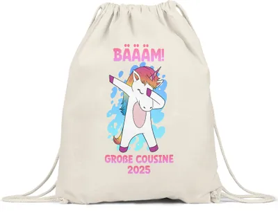 Produktbild von Bäääm Große Cousine 2025 Turnbeutel Gymsack Einhorn Schwangerschaft Ankündigung Babyparty Babyshower Cousin & Cousine