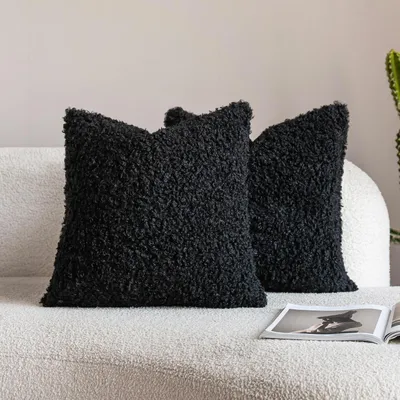 Productafbeelding van 2 stuks kussenhoezen, teddywol, imitatiebont, 50x50 cm, zwart