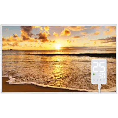 A digital panel displaying a beach sunset scene with a temperature display.