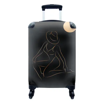 Produktbild von MuchoWow® Koffer Handgepäck Trolley Rollkoffer Kleine Reisekoffer mit 4 Rollen - Frau - Sonne - Gold - Strichzeichnung - Cabin Size < 55x40x23 cm & 55x40x20 cm - Fotokoffer - Kabinenkoffer - Boardgepäck - Reise-Box - Reisekoffer - Reisegepäck - Koffer mit Bild - Trolley für Kinder