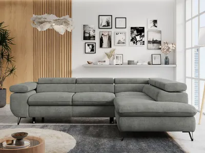 Produktbild von Ecksofa Sofa Grau, Wohnlandschaft L-Form mit Schlaffunktion und Bettkasten, Schlafsofa mit Bettkasten, Sofa mit Einstellbare Kopfstützen, Peter L - Grau Struktur - Rechts Grau
