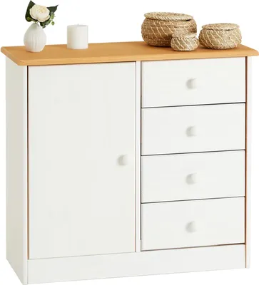 Produktbild von Kommode RONDO in weiß/braun mit 4 Schubladen und 1 Tür, Schubladenschrank aus Kiefer im Landhausstil