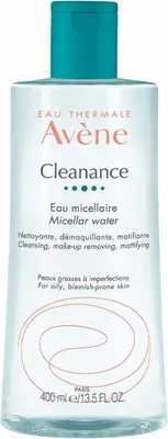 A bottle of Avène Cleanance Micellar Water against a white background.