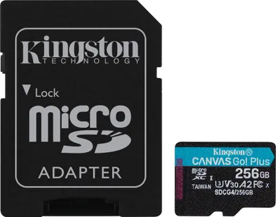A Kingston MicroSD adapter and a Kingston MicroSD card are shown side-by-side on a white background.