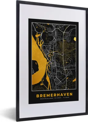 Produktbild von MuchoWow® Gerahmtes Poster Bremerhaven - Gold - Stadtplan - Karte - Deutschland 40x60 cm - Poster mit Schwarzem Bilderrahmen Wandposter Rahmen Foto Bilder - Poster in Rahmen