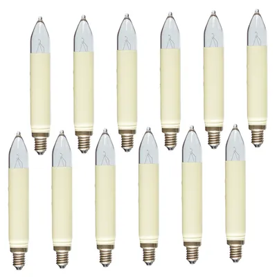 A collection of 12 candle-shaped light bulbs arranged in two rows.