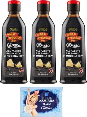 Produktbild von 3er-Pack Monari Federzoni Glassa all'Aceto Balsamico di Modena,Glasur Creme mit Balsamico-Essig aus Modena I.G.P.,300g + 1er-Pack  Felce Azzurra Talkumpuder, 100g-Beutel