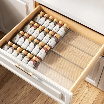 Produktbild von Gewürzregal mit Schublade, 2 Ebenen, 4 Fächer, transparenter Gewürzeinsatz (28–56 cm), verstellbar, transparentes Gewürzaufbewahrungssystem