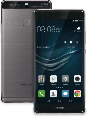 A Huawei P9 smartphone is shown from the front and back, with the screen displaying the home screen.