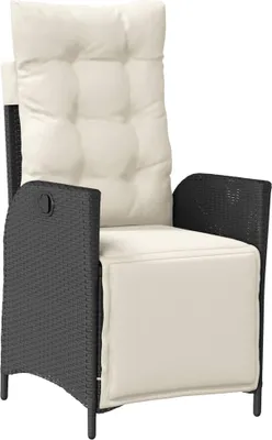 A studio shot of a black poly rattan garden chair with cream cushions.