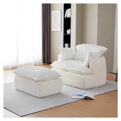 Produktbild von Umwandelbarer Kompressionssessel, Einzelsofa mit Fußhocker, weiches und bequemes Wickelsofa, Sofa mit Armlehnenkissen (Beige)