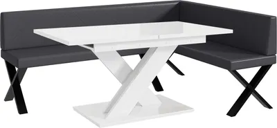 Produktbild von MEBLINI Eckbank für Esszimmer mit ausziehbarem Tisch  - Küchenbank - Essecke - Sitzecke Küche - ERIC - X-Beine 142x196x87cm Rechts - Grau Kunstleder/B Weiß Hochgl.