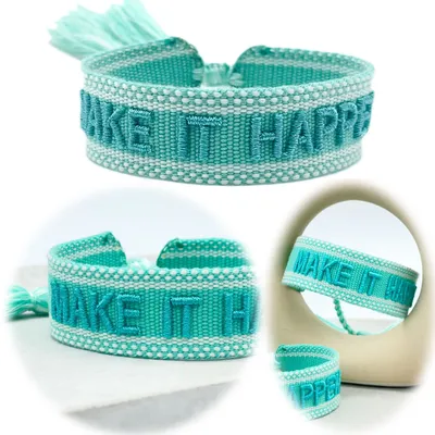 Produktbild von LS-LebenStil Canvas Statement Armband Make it Happen Türkis besticktes Stoffarmband gewebt textiles Quasten Spruch Boho Geschenk Freundschaftsarmband