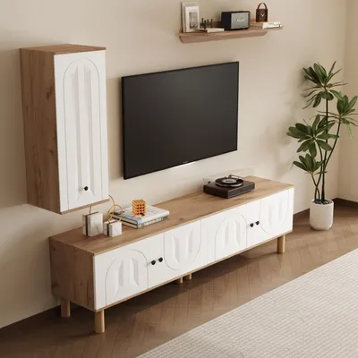 Produktbild von okwish Wohnwand 3-tlg mit Highboard,Lowboard und Wandboard,Schrankwand mit geschnitzten Türpaneelen,Muster für Vitrine&TV-Schrank,künstlerisches Design,Weiß+Holz