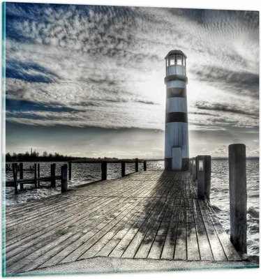Produktbild von Bilder auf glas - See Leuchtturm Holzbrücke Wasser - 30x30cm - Glasbilder - Wandbilder - Kunstdruck - zum Aufhängen bereit - Wanddekoration aus Glas - Glas Bilder - Wandbild auf Glas - GAC30x30-0330