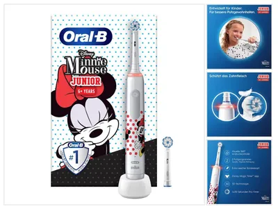 Obrázek produktu pro Oral-B Junior Minnie Mouse Elektrický zubní kartáček Elektrický zubní kartáček pro děti od 6 let 360° regulace tlaku 2 režimy čištění včetně časovače, bílý + 2 připojitelné kartáčky