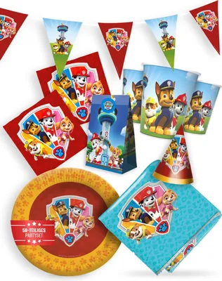Produktbild von Paw Patrol Party Paket 58tlg mit Tischdecke Partyhüten Geschenktüten und Geschirr