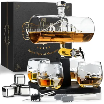 Obrázok produktu pre Whisiskey - karafa na whisky - karafa - plachetnica - sada na whisky - 1000 ml - darčeky pre mužov - 4 kameňov z nehrdzavejúcej ocele, 4 pohárov