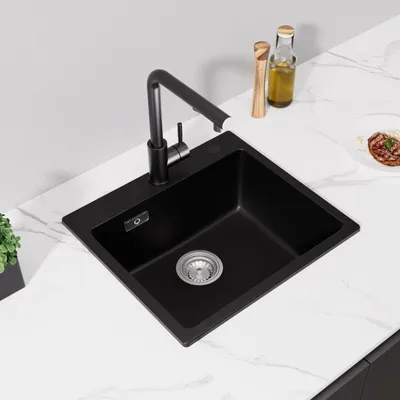 Produktbild von Cecipa Quarzkomposit Spüle 50x45 cm Schwarz, Kratzfest Küchenspüle, Hitzebeständig Einbauspüle mit Siphon,  Pflegeleicht, T4-Technologie Top-Mount