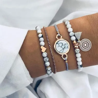 Produktbild von 2x Damen Armband-Set in Grau & Gold – Edler Modeschmuck mit Marmoroptik und feinen Anhängern, Boho Armband, J072