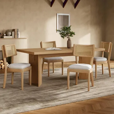 Produktbild von Flieks Rattan Esszimmerstühle Küchenstühle 4er, Rattanstuhl Wohnzimmerstuhl mit Leinentkissen, 50x58x88cm, Naturbelassen