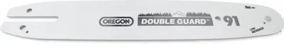 A white chainsaw bar with branding and product information.