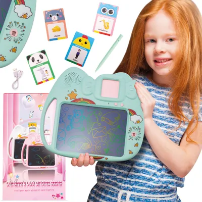 Zdjęcie produktu dla Tablet do rysowania znikopis Czytnik kart do nauki języka angielskiego 2w1 112 kart dwustronnych zielony Sun Baby