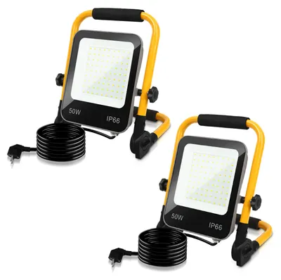 Image de Peviasot, lot de 2 projecteurs LED pour chantier, avec trépied, 6000K, 50W, lampe de travail réglable, idéale pour les chantiers, les ateliers, les garages et les espaces extérieurs
