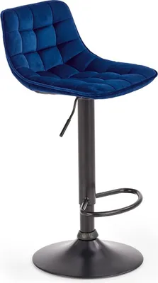 A blue upholstered bar stool with a black metal base and adjustable height.